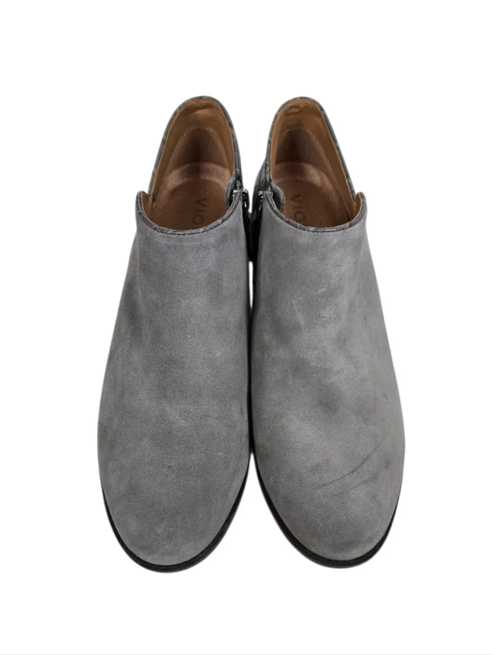 Vionic Grey Suede-Style Ankle Bootie with Croc-Embossed Heel